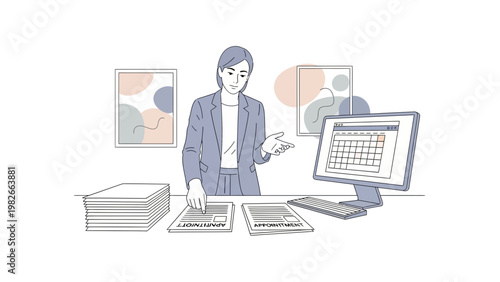 Businesswoman organizing documents and schedule on computer at desk