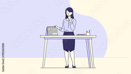 Businesswoman planning at desk with calendar and pens, thoughtful pose, minimalist office illustration