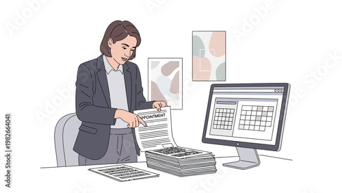 Businesswoman reviewing appointment document at desk with computer and calendar