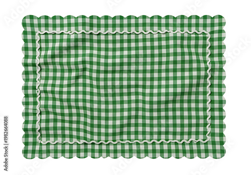 Green Gingham Scalloped Placemat. Checkered Fabric. Rustic Table Linen. Isolated on White. Kitchen Decor Background.