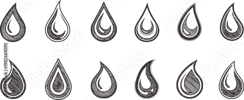 Collection of twelve sketched dark grey water drop liquid