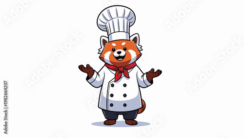 A cartoon red panda wearing a chef's hat and coat gesturing with both hands on a white background.