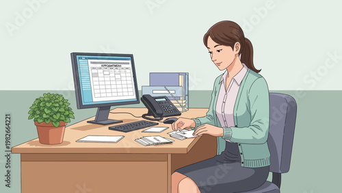 Businesswoman working at desk with computer and calendar, organizing appointments