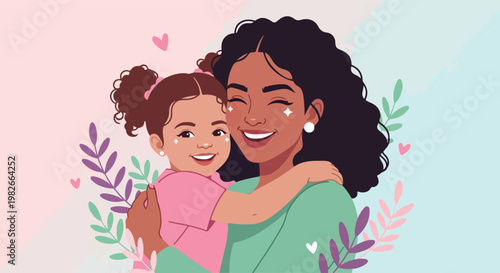 Mother and daughter hug smiling.