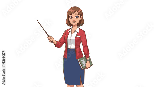 Illustration of a female teacher standing and holding a pointer and books on a white background.