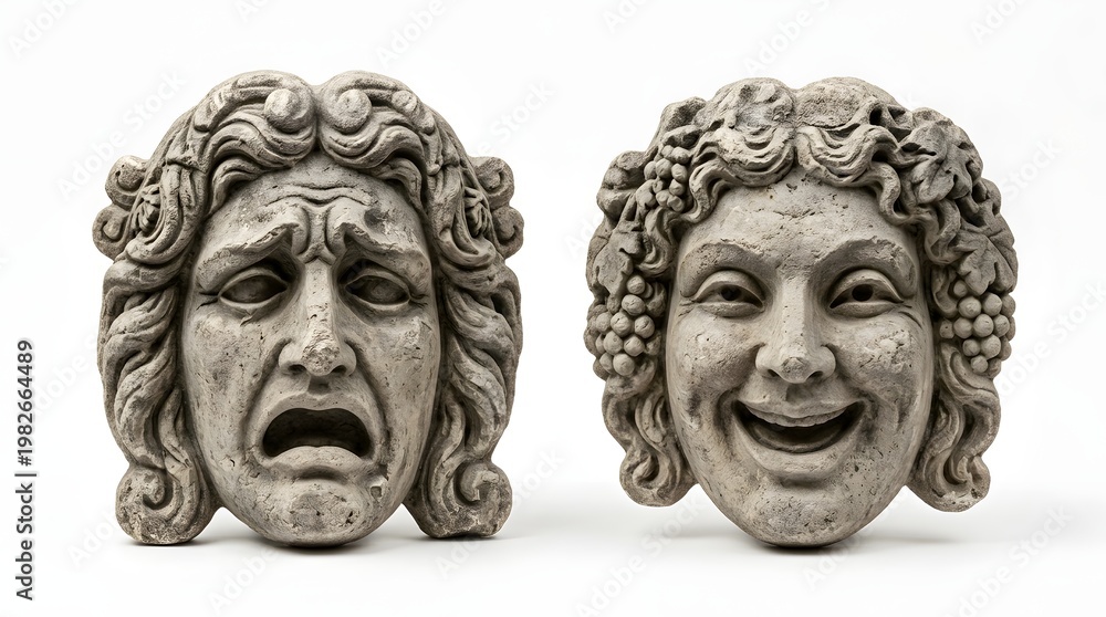 Obraz premium Tragedy and Comedy Masks Ancient Greek Sculptural Faces Representing Emotions and Performance