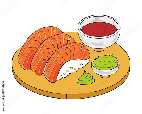 Delicious salmon sashimi platter served on a wooden board with ginger and wasabi for dining - Vector Illustration