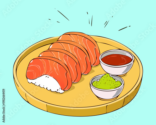Wooden tray platter with fresh salmon sashimi slices wasabi and soy sauce for traditional Japanese appetizer - Vector Illustration