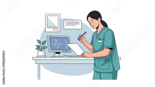 Doctor analyzing medical data on computer screen with heartbeat EKG