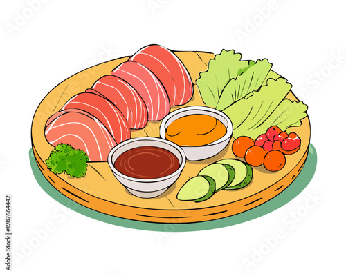 Fresh sliced salmon sashimi served with cucumber salad and dipping sauce for healthy Japanese seafood meal - Vector Illustration