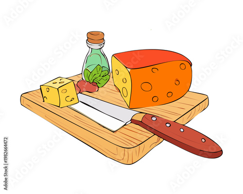 Assorted cheese blocks with a bottle of oil and herbs for Mediterranean diet and gourmet cooking - Vector Illustration