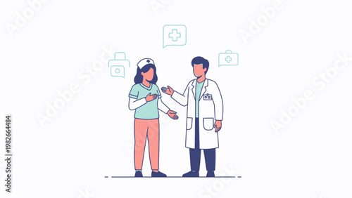 Doctor and nurse discussing medical case, healthcare professionals, medical icons