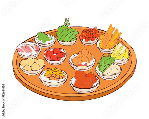 Large appetizer platter with various snacks and dipping sauces for party catering and social events - Vector Illustration