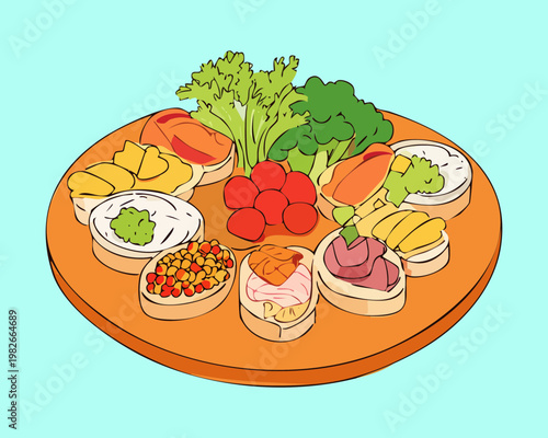 Gourmet party platter with assorted finger foods and appetizers for celebration and restaurant menu service - Vector Illustration