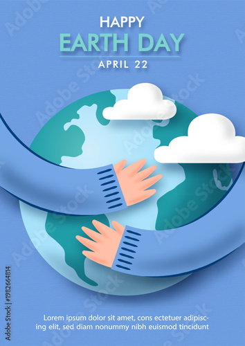 Poster illustration and web banner in paper cut style and cartoon character of Earth Day with hand of human hug earth action, wording of event, example texts on light purple background.