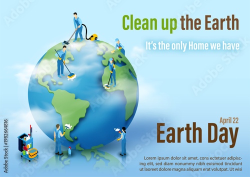 Poster illustration in cartoon character of Earth Day cleaning conceptual, promoting environmental care, sustainability, and global unity. Vector art