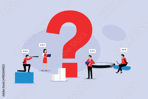 Business Team Solving Problems and Finding Answers Around a Giant Question Mark 2d flat vector illustration