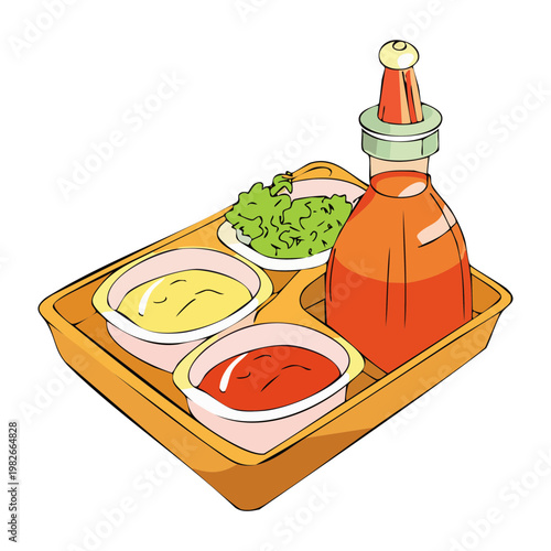 Platter of sauces and condiments on a wooden tray for restaurant table service and gourmet dining - Vector Illustration