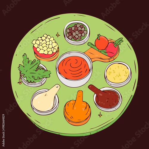 Assorted dipping sauces and spices in bowls on a round tray for party snacks and appetizers - Vector Illustration