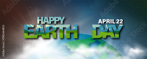 Poster illustration of Mother Earth day with vector typography banner and puffy clouds on global and galaxy stars background