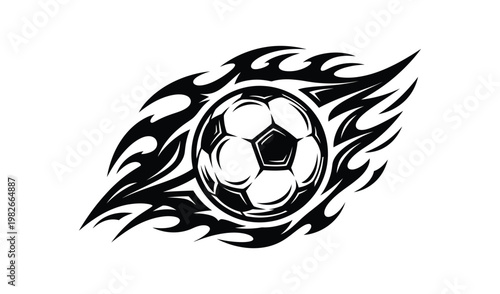 Dynamic black and white illustration of a soccer ball engulfed in stylized flames, symbolizing passion and energy in sports.