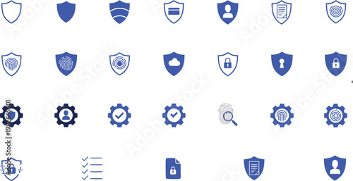 A comprehensive collection of blue security icons representing data protection and digital safety.