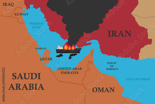 Conflict in the Persian Gulf: Burning Oil Tanker and Environmental Disaster Map 2d flat vector illustration
