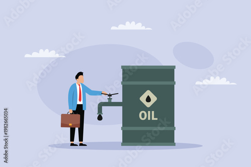 Global Oil Market Control: Businessman Turning Valve on Crude Oil Barrel 2d flat vector illustration