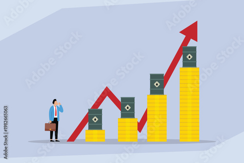 Rising Oil Prices and Energy Inflation Concept with Businessman Looking at Increasing Bar Chart of Gold Coins and Oil Barrels 2d flat vector illustration
