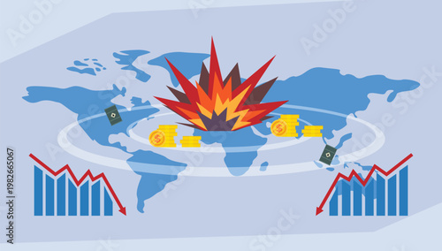 Global Economic Crisis and Geopolitical Conflict with World Map, Explosion, Oil Barrels, and Declining Stock Market Charts 2d flat vector illustration 2d flat vector illustration