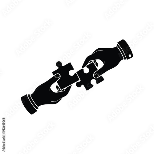 Partnership, teamwork, puzzle hands, cooperation, business concept, collaboration, unity, joining forces, black vector icon