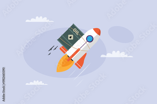 Skyrocketing Oil Prices Concept with Oil Barrel Strapped to a Flying Rocket Launching into the Sky 2d flat vector illustration