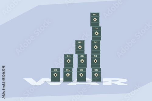 Rising Oil Prices Due to War and Geopolitical Conflict with Bar Chart Made of Oil Barrels Over War Text Shadow 2d flat vector illustration