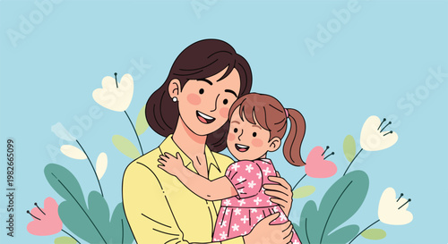 Mother and little girl hug.