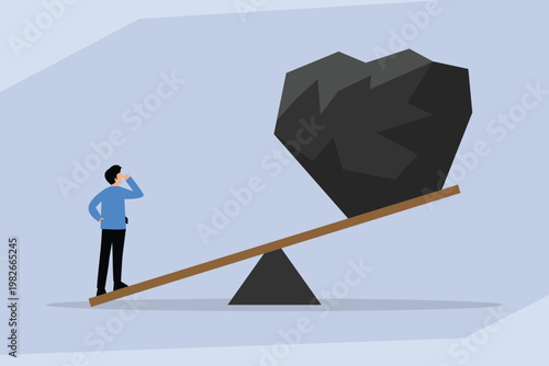 Businessman Balancing Large Heavy Rock on Seesaw Lever 2d flat vector illustration