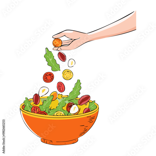 Hand adding fresh vegetables and tomatoes into a salad bowl for healthy vegan meal and nutrition - Vector Illustration