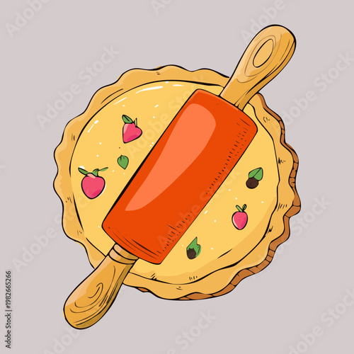 Rolling out pastry dough for a fruit pie or tart using a traditional wooden kitchen tool - Vector Illustration