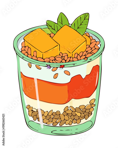 Layered yogurt parfait jar with mango and granola for healthy breakfast and nutritious morning snack - Vector Illustration