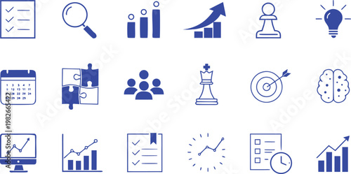 A collection of blue vector icons illustrating essential business and project management concepts