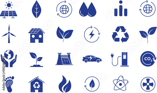 Set of blue icons representing sustainable energy sources and ecological environmental concepts