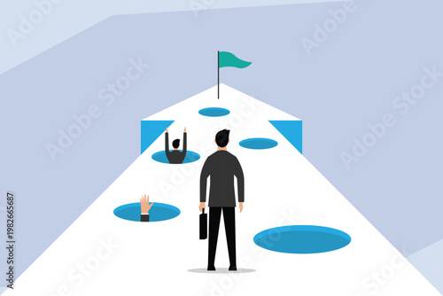 Businessman Facing Challenges and Pitfalls on the Path to Success 2d flat vector illustration
