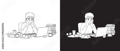 Overworked Employee Feeling Hopeless at Desk Doodle Illustration