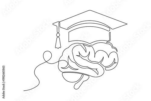 Academic cap with brain continuous line minimalist outline illustration