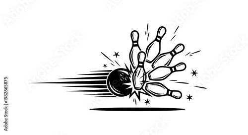 Stylized bowling ball pins strike black white vector EPS10 isolated on white