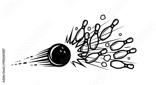 Bowling ball knocking pins black white vector illustration EPS10 isolated on white