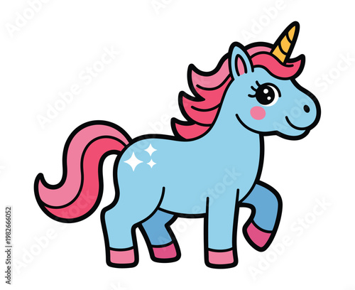 Unicorn stands in a bright playful design.