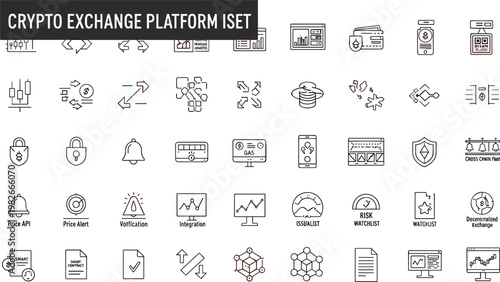 Crypto exchange platform line icons set cryptocurrency trading wallet analytics transaction monitoring blockchain investment fintech outline vector collection