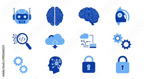 AI and Technology Icons: Brain, Robot, Cloud, Security, Data, Gears