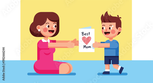 Mother and son holding card.