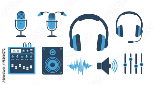 Audio Equipment Icons: Microphones, Headphones, Speaker, Mixer, Soundwave